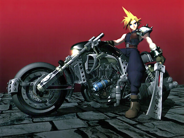 Cloud riding his motorcycle.