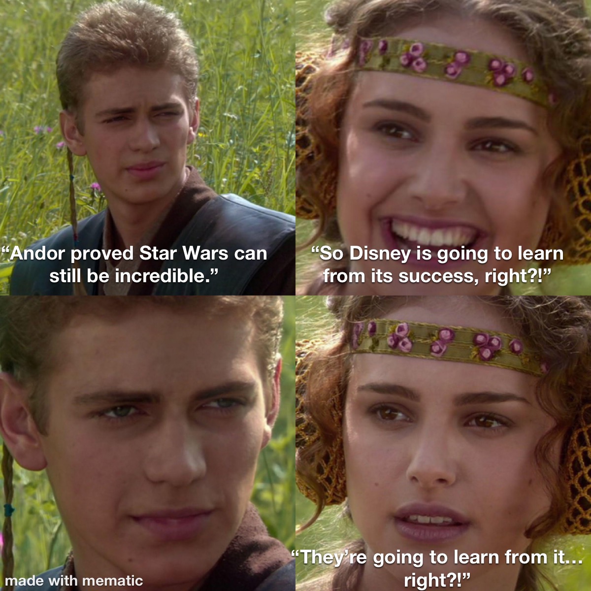 Anakin and Padmé wonder whether Disney will learn from Andor’s success.