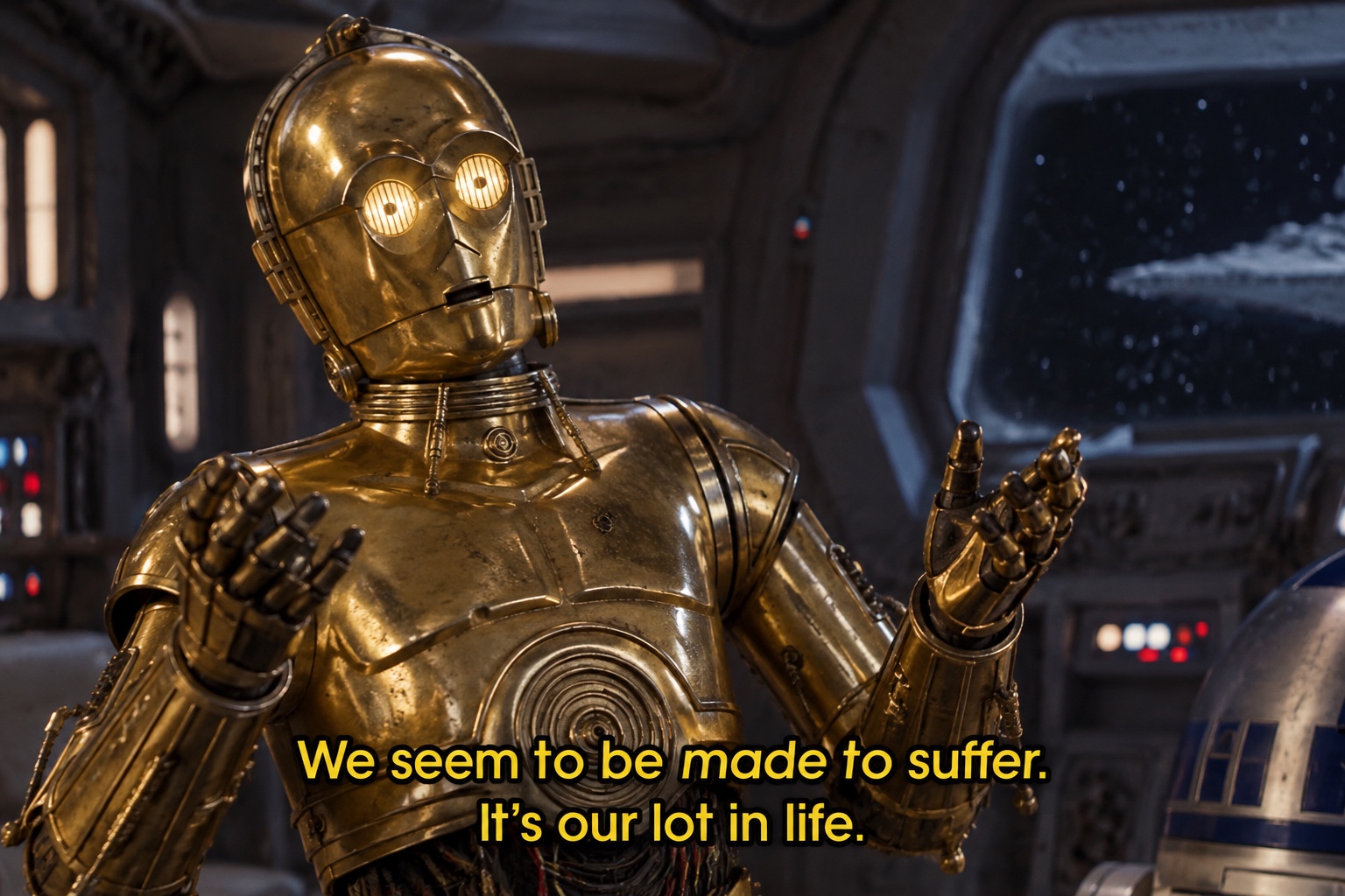 C-3PO says, “We seem to be made to suffer. It’s our lot in life.”