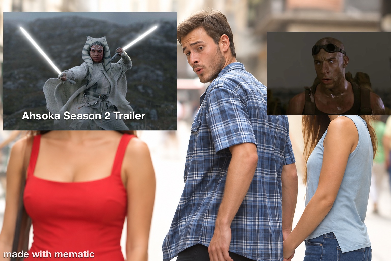 A distracted boyfriend turns away from his current sci-fi interest toward an Ahsoka Season 2 trailer.